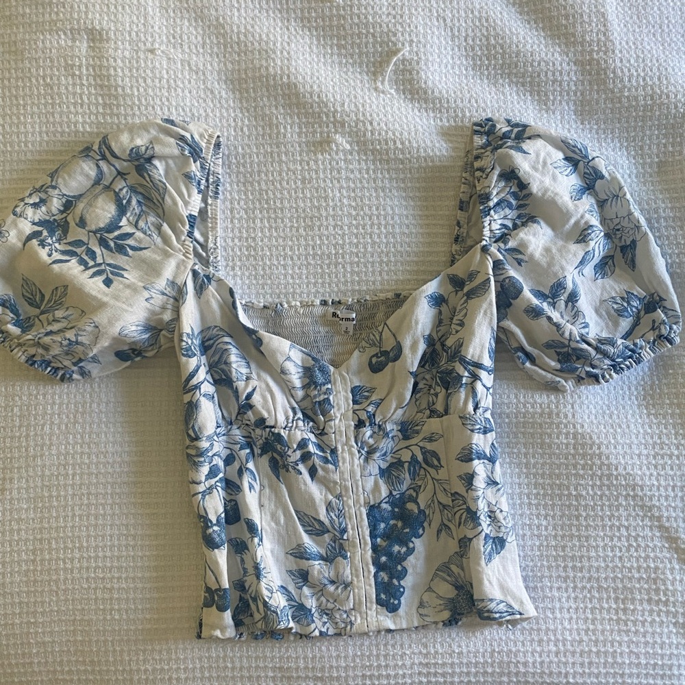 Reformation Blue and White Floral Puff Sleeve Blouse